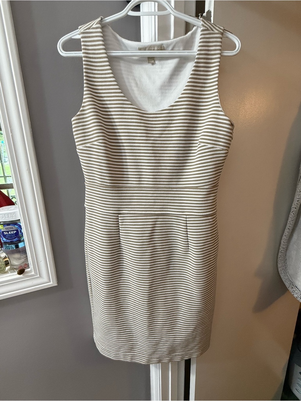 Banana Republic Sleeveless Striped Midi Dress in Beige and White